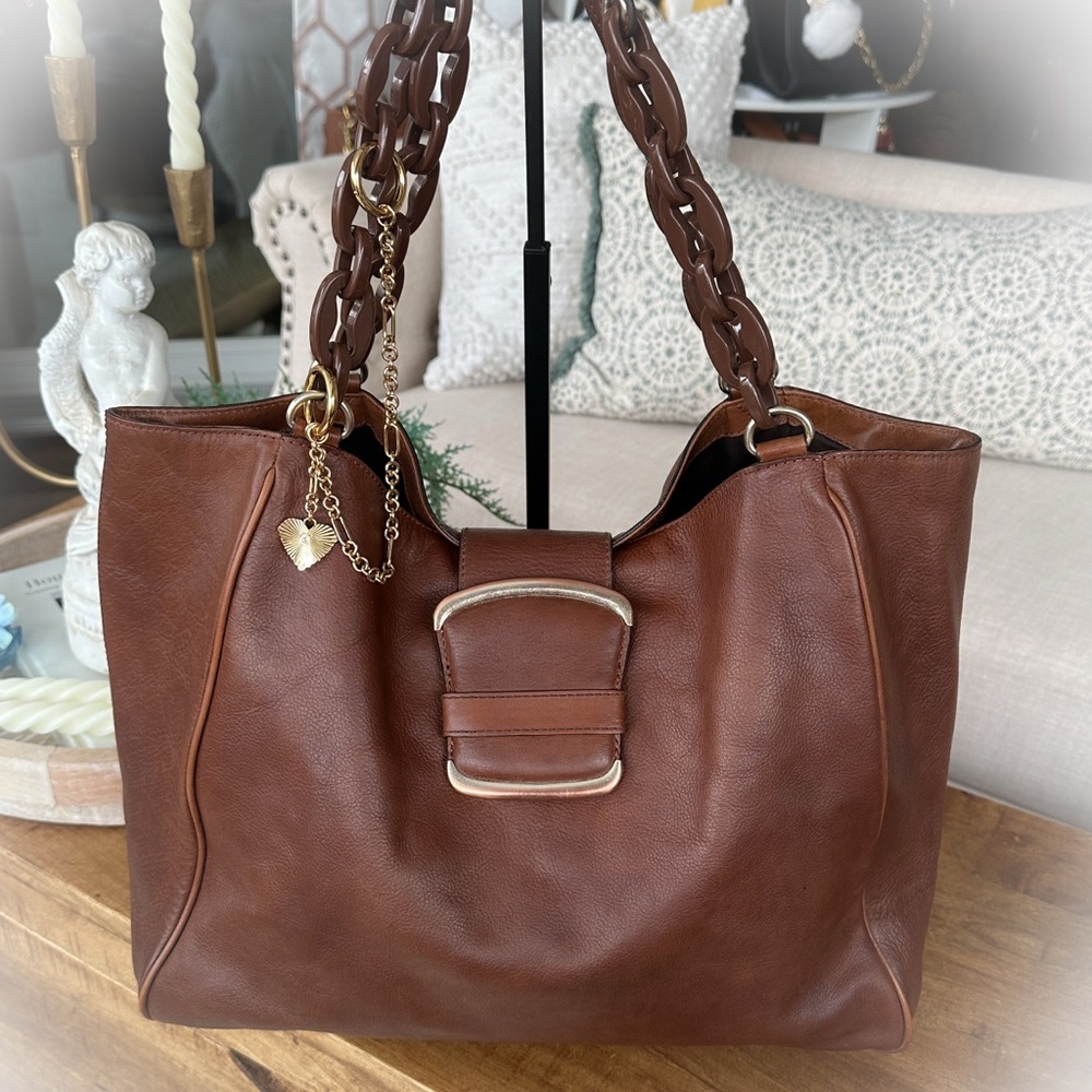 Vintage Banana Republic Jumbo Brown Leather Buckle & Chain Hobo Bag - Picture 3 of 15